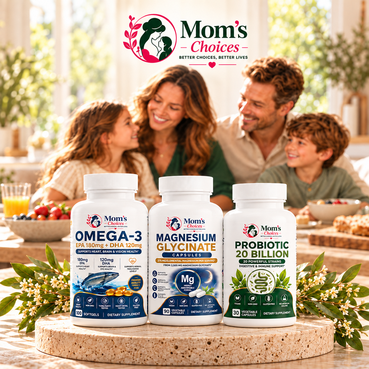 Mom’s Choices full logo and tagline above three branded products with family background
